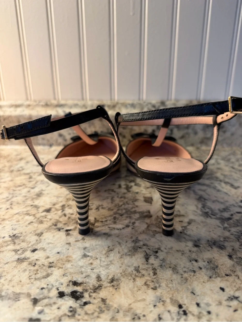 Kate Spade ♠️ beige and black T-strap pointed-toe bow pumps Ponoma Office Heels